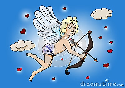 Cupid in the clouds with a bow and arrow Vector Illustration